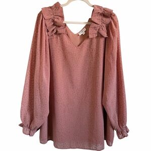 Entro Dusty Rose Leopard Textured Ruffle Shoulder Blouse - Size XL